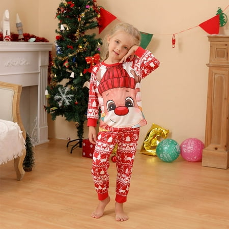 

Jialili Parent-Child Warm Christmas Set Printed Home Wear Pajamas Two-Piece Kid Set Red 2Y