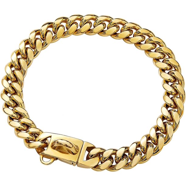Collar de cadena para perro dorado con hebilla segura con piedras de circonita cúbica heladas Cadena de eslabones cubanos de acero inoxidable de metal de 33 quilates Collar de cadena de entrenamiento
