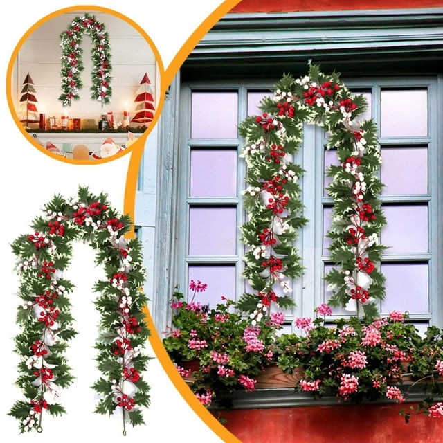 Guirlande de Noël de 5,74 Pieds avec Baies Rouges et Feuilles de Houx, pour Cheminée Manteau Escalier Décoration, Décoration de Vacances pour Arbre de Noël Fenêtre Porte Suspendue Hiver Vigne de Baies Pliable