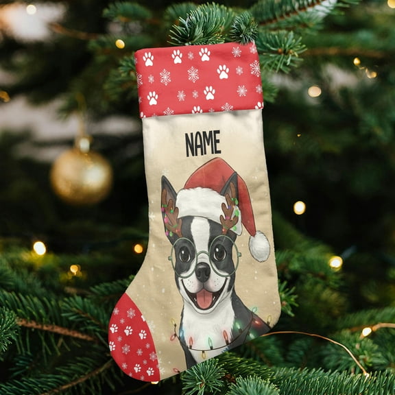 Lotusprinthandmade Personalized Boston Terrier Dog Christmas Stocking (M), custom dog lover gift, christmas pet stocking