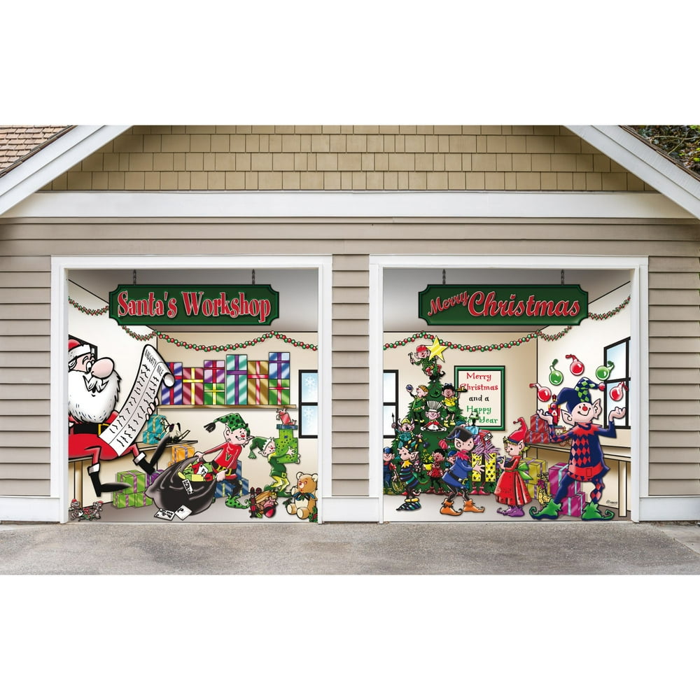7' x 8' Red and Green Santa's Outdoor Split Car Garage Door