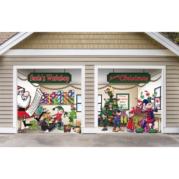7' x 8' Red and Green Santa's Outdoor Split Car Garage Door