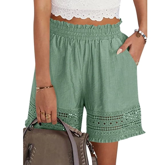 Lumtrix Women'S Casual Elastic Waist Lounge Shorts Comfy Stretch Lace Trim Summer Boho Beach Vacation Linen Ruffle Shorts Green M