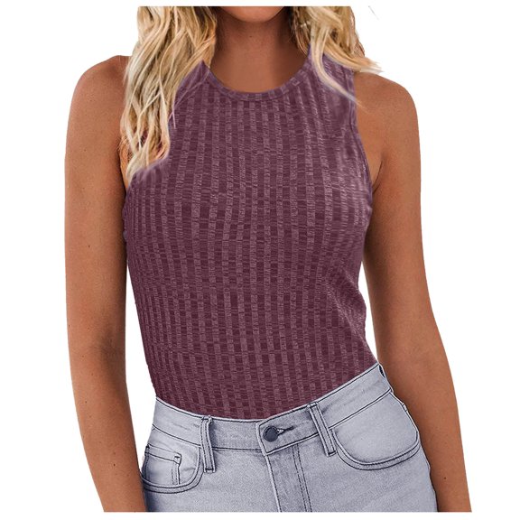 Turilly Summer Women Solid Color Round Neck Pocket Sleeveless Casual Tee Tops Tank Purple L