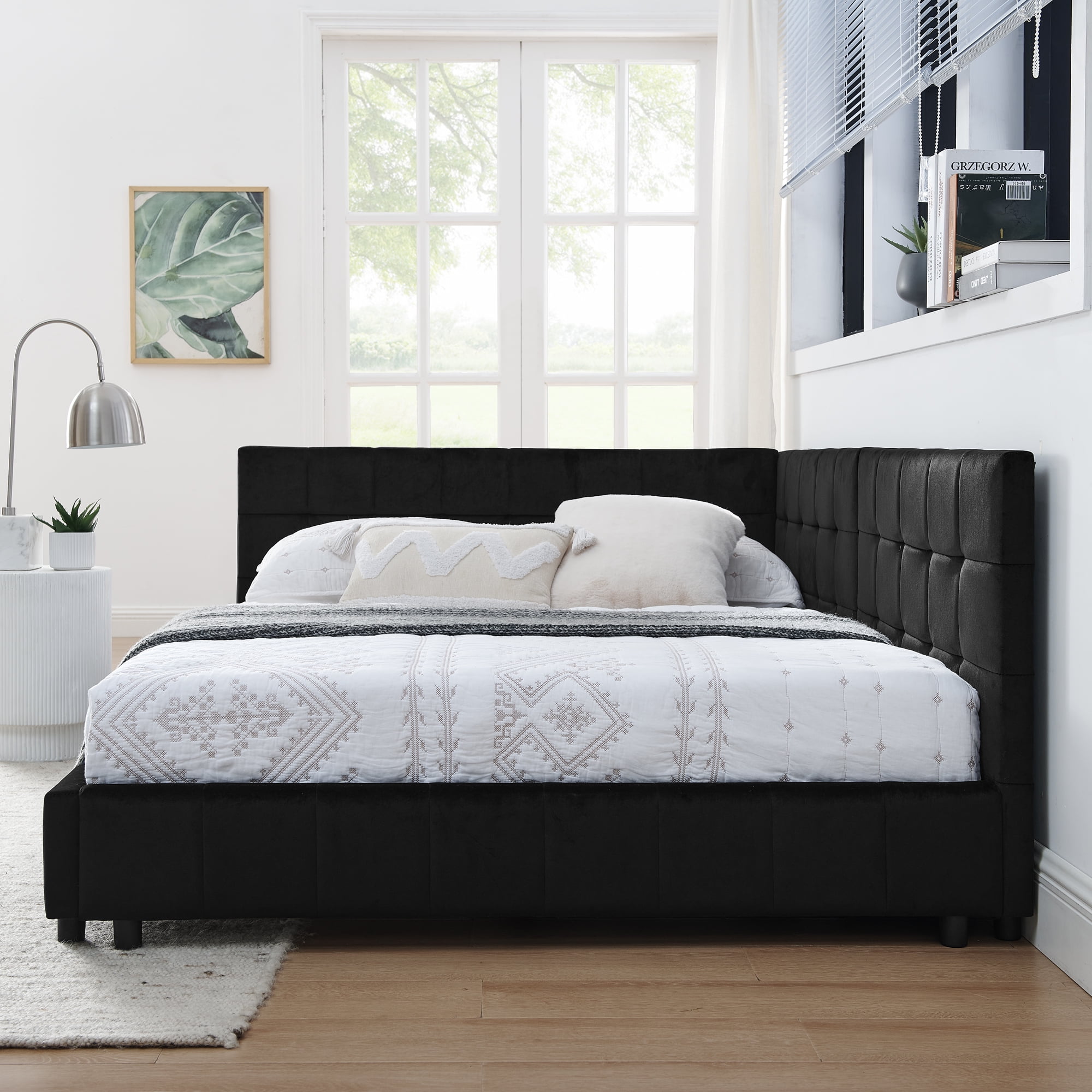 Gewnee Black Velvet Upholstered Full Size Multifunctional Daybed Sofa - Solid Eucalyptus Wood Frame with Backrest for Bedroom and Living Room