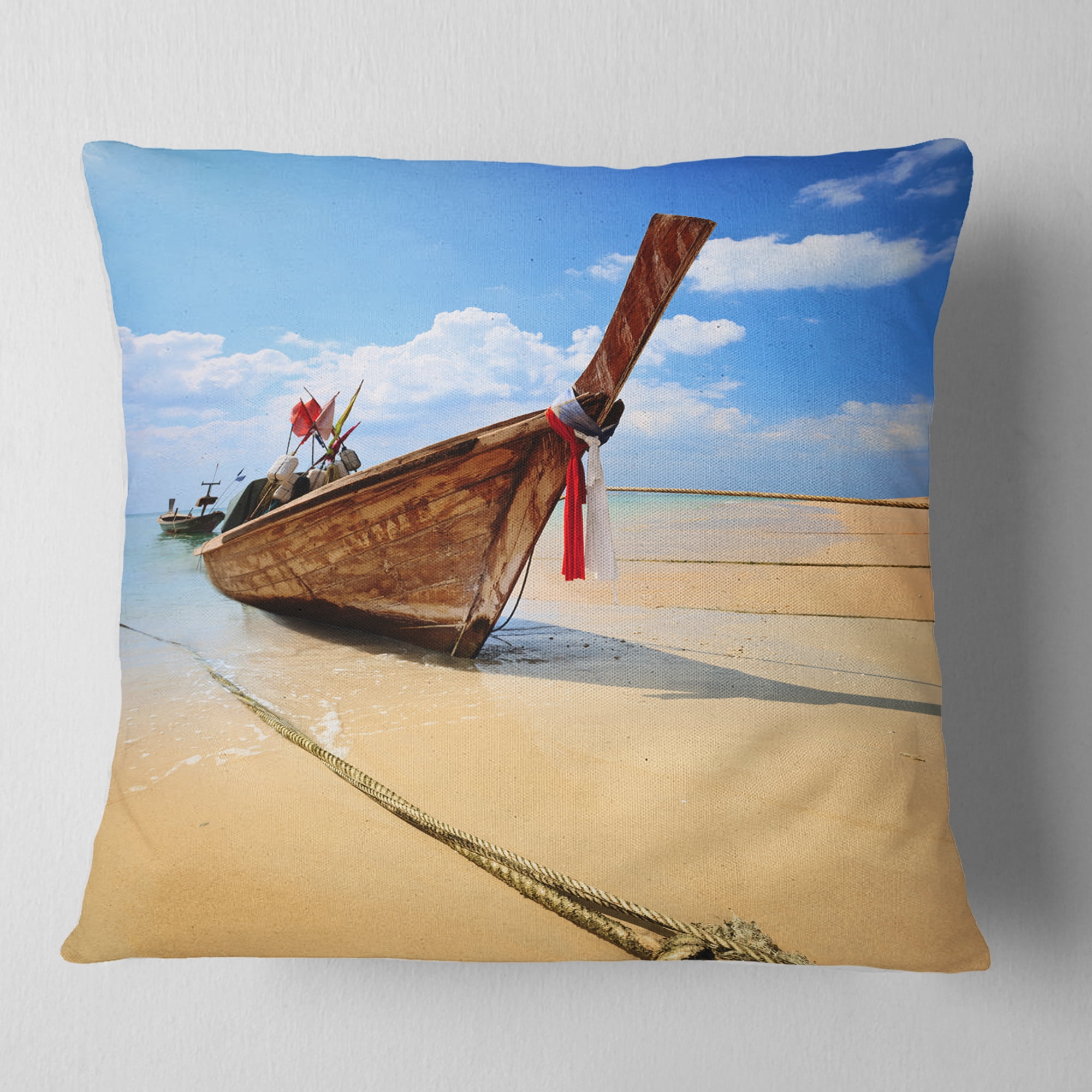 Designart Thai Long tail Boat - Beach and Shore Throw Pillow - 16x16