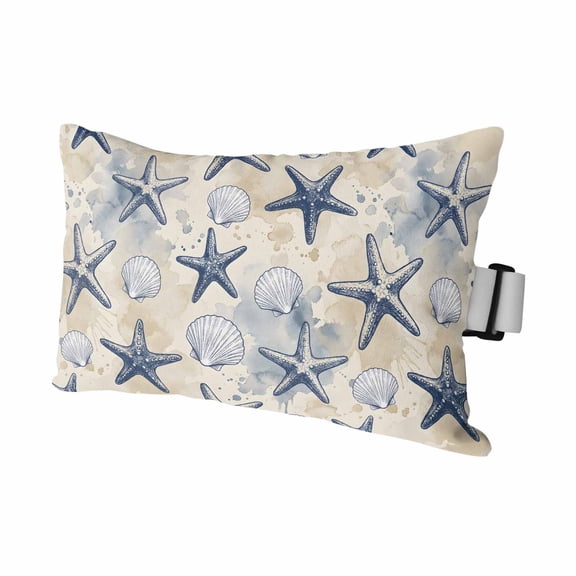 Summer Beach Sand Outdoor Pillows for Chaise Lounge Chair Waterproof Lumbar Pillows with Insert&Adjustable Strap Beach Headrest Pillow Watercolor Ocean Starfish Seashells Blue Pool Pillow 12"x20"