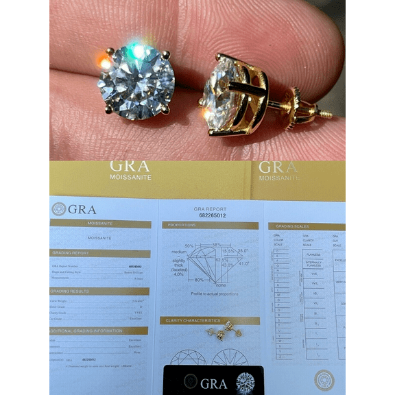 Real 4ct TW Moissanite Solitaire Stud Earrings 14k Yellow Gold - D VVS1 8mm