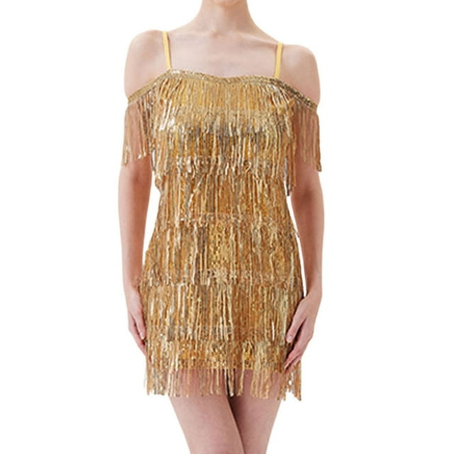 QHFBli Robes de Cocktail Robes Charleston Années 1920 Gatsby avec Franges à Paillettes Partout Robes Mini Robe de Bal de Promo Fête Or TG