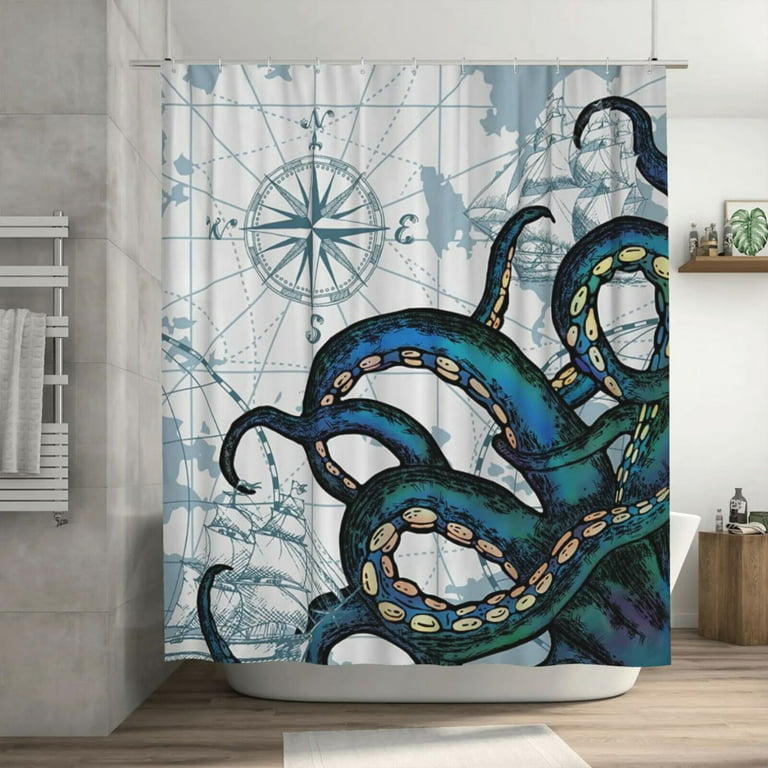Nautical Octopus Shower Curtain Teal Sailboat Kraken Sea Life Creature Monster Anchor Turquoise Cool Compass Ship Bathroom Decor, Size: 72 x 72