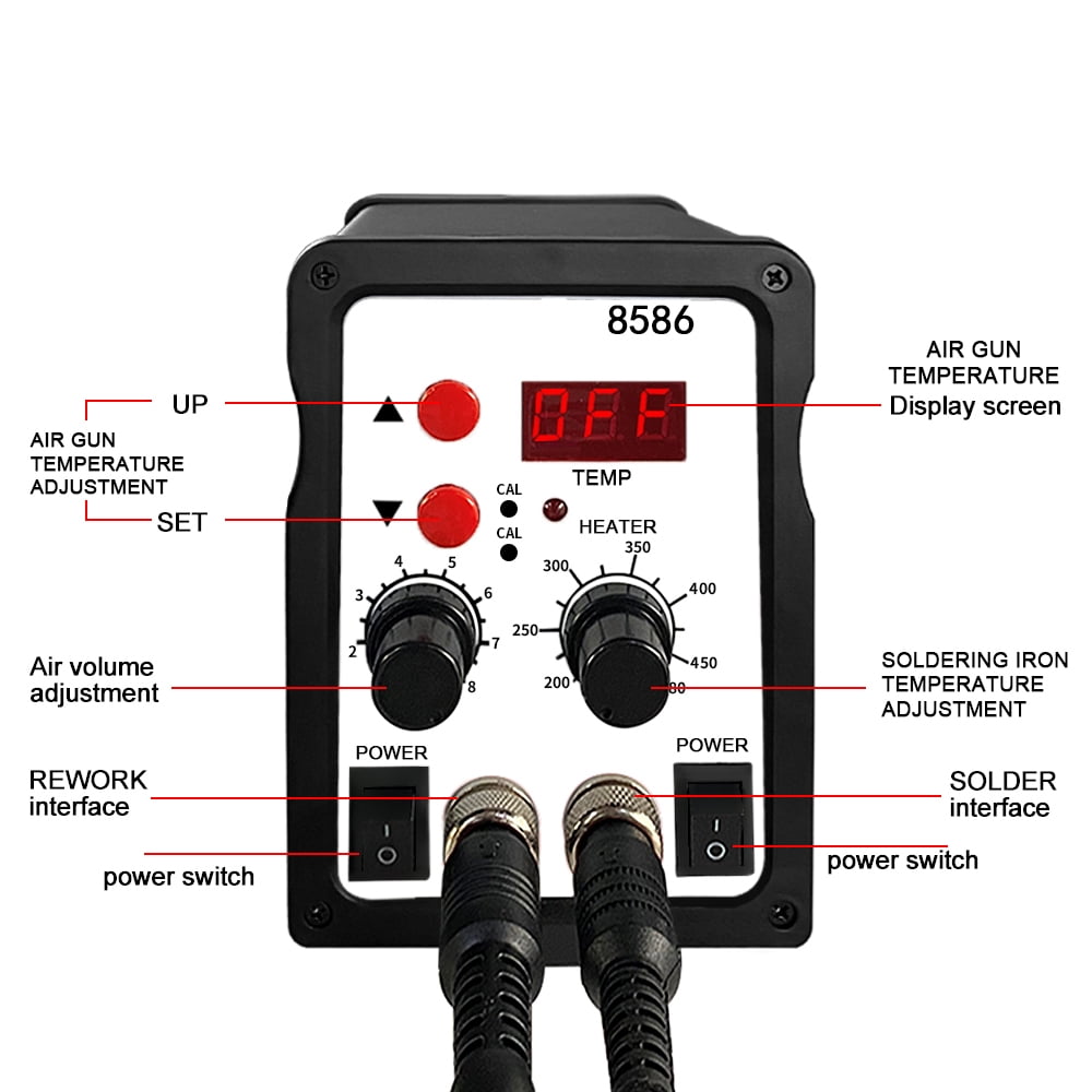 8586 Soldering Station 2 In 1 Digital ESD Hot Air Blower Heat Gun Welding Solder Iron SMD Desoldering Rework Station Tool (110V US plug)