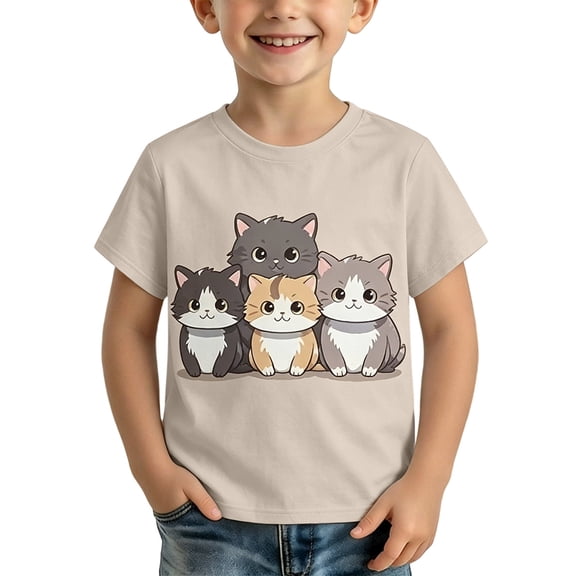Ruiwill Toddler Boys Shirts Size 1-2 Years Crew Neck Short Sleeve Cute Cat Print Tshirts Summer Dailywear Casual Breathable Kids T-Shirts Beige