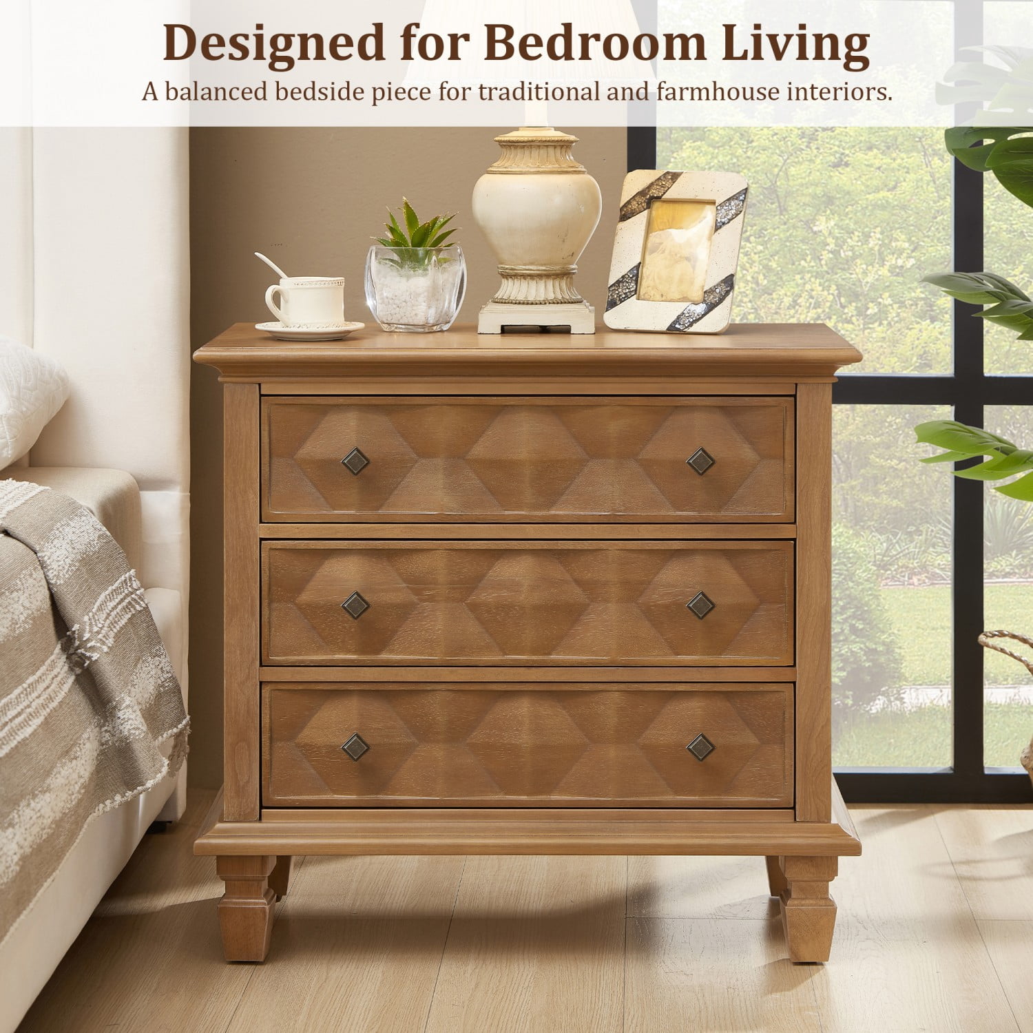 Farmhouse Nightstand with Charging Station, 3 Drawer Bedside Table with USB & Type-C Ports, Engineered Wood Storage Cabinet, Rustic End Table for Bedroom Living Room, Brown