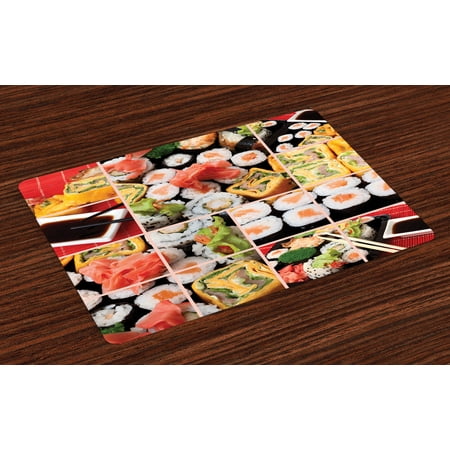 Fast Food Place - Japanese Placemats Set of 4 Cuisine Asian Sushi Fish Raw Meat Rolls South East Fast Food Ceremony Artwork, Washable Fabric Place Mats for Dining Room Kitchen Table Decor,Multicolor, by Ambesonne
