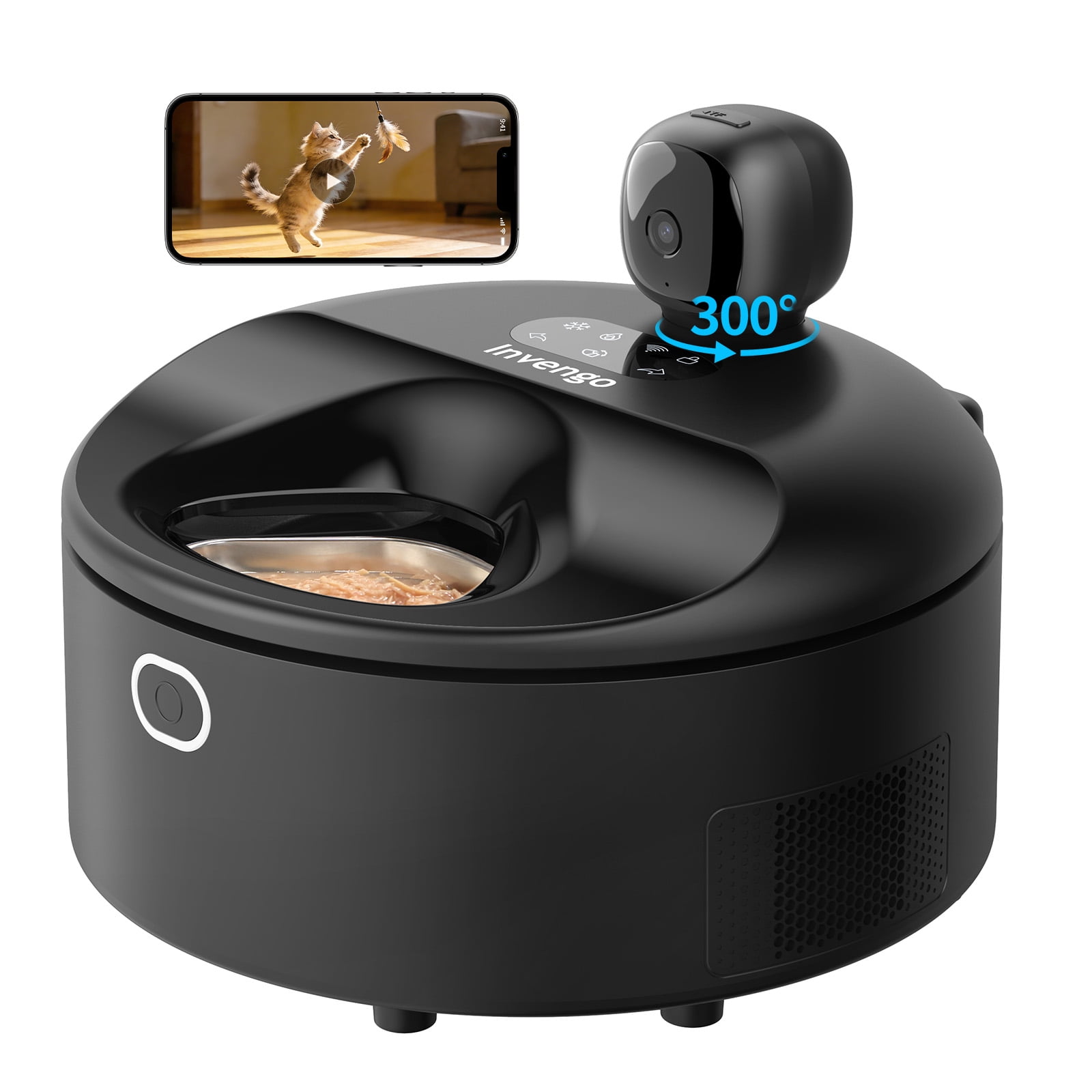 Smart Wet Food Feeder with Camera, Invengo Dual Semiconductor Cooling & Heating with 5 Stainless Steel Trays, Dual-band Wi-Fi APP Control, 5 Fresh Meals Pet Food Dispenser, Black