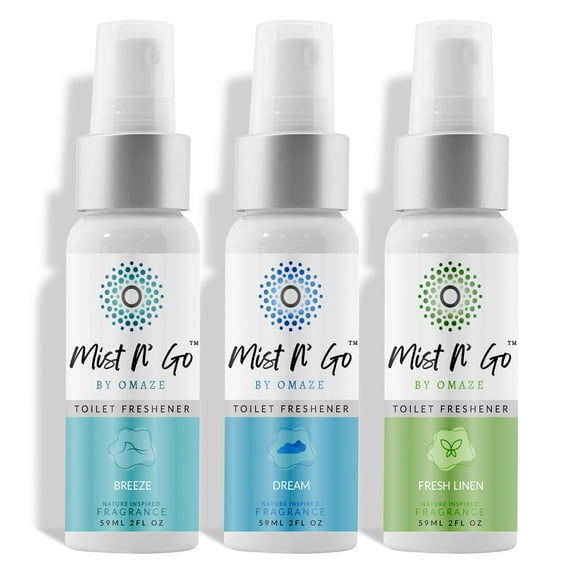 MIST N' GO By OMAZE Refresh Toilet Spray | Bathroom Spray Odor Eliminator | Toilet Smell Eliminator Deodorizer - Breeze   Dream   Fresh Linen (2 Oz x3)