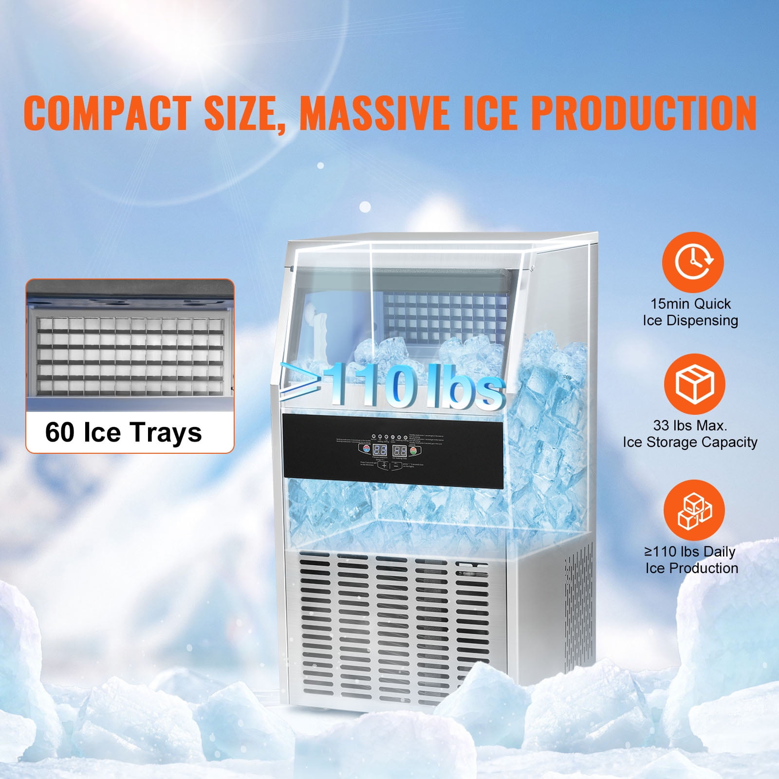 VEVOR Commercial Ice Maker 110-120lbs/24h with 33lbs Bin and Electric Water Drain Pump, Clear Cube, Stainless Steel Construction, Auto Operation