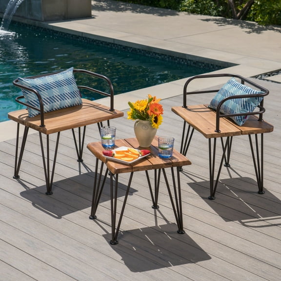 Outdoor Industrial 3 Piece Acacia Wood End Table Chat Set with Rustic Metal Finish Iron Frame,Teak
