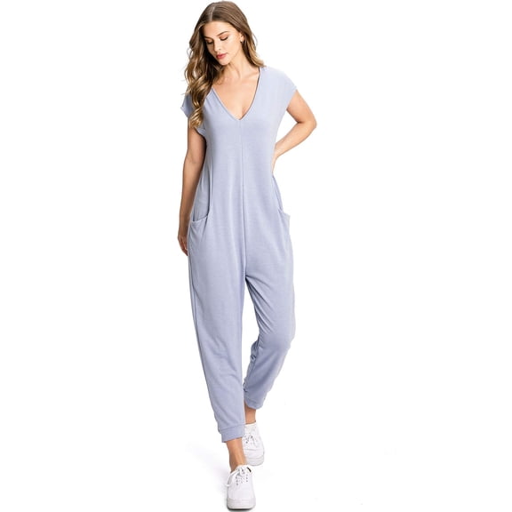 Wasabi & Mint Women's Lounge Relax Fit Short Sleeve Crop Jumpsuit