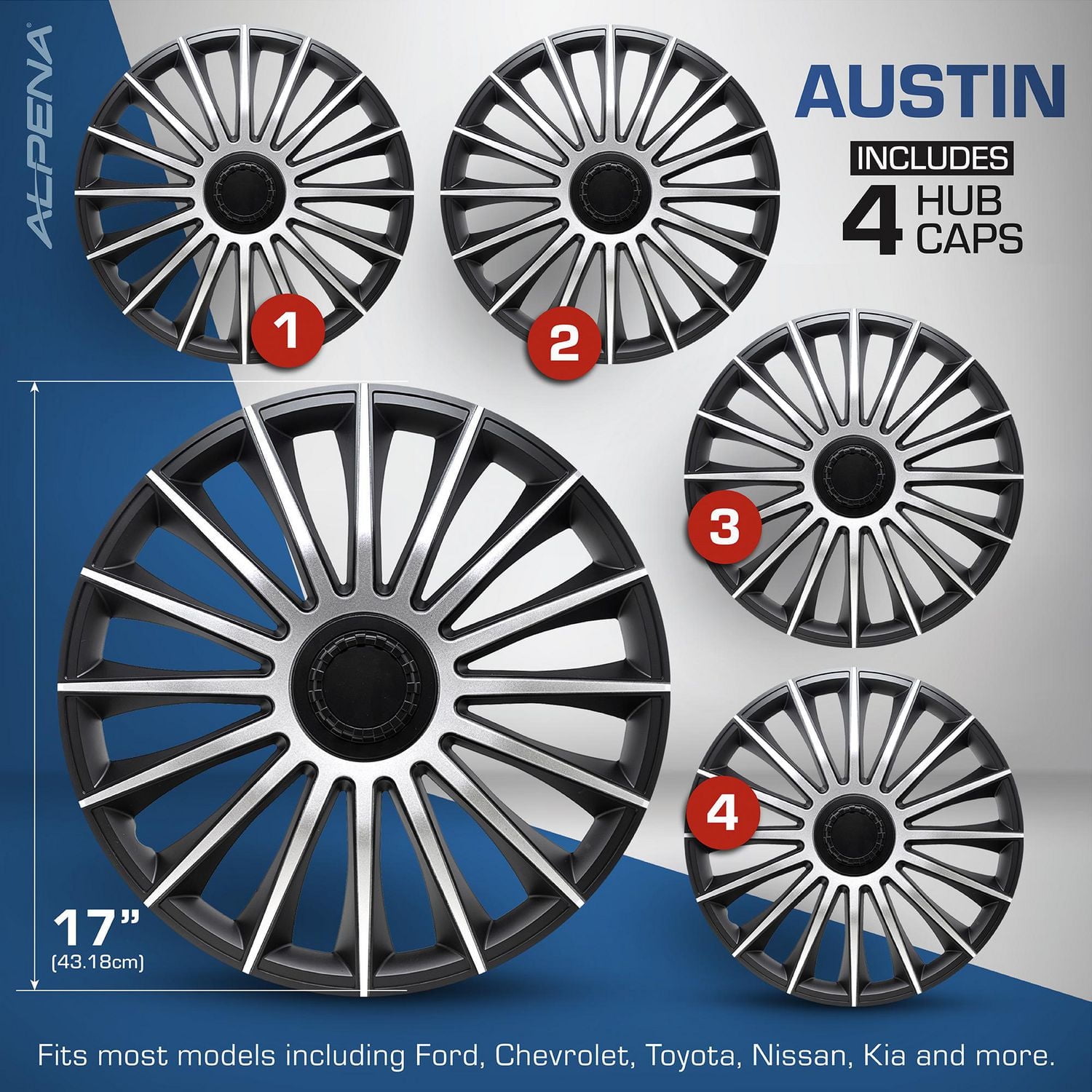 Alpena 17" Austin Wheel Covers, Silver & Black, set of 4