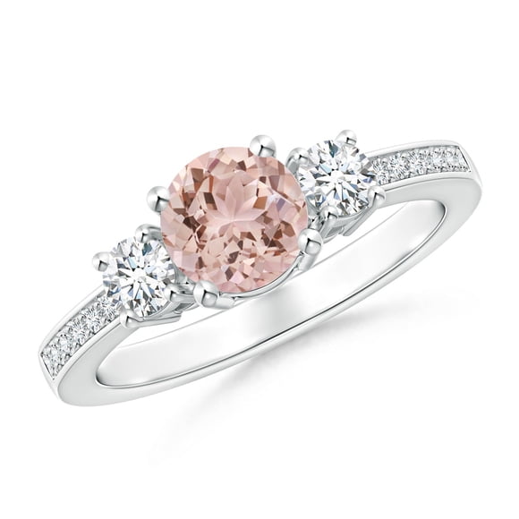 Angara Natural Morganite Ring - Three Stone Round Morganite and Diamond Engagement Ring in Platinum for Women (Ring Size = 5)