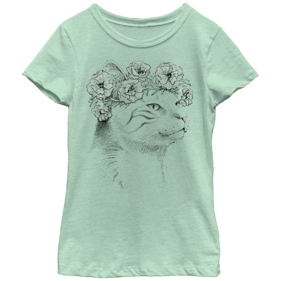 Girl's Lost Gods Cat in Flower Headband Graphic Tee Mint Small