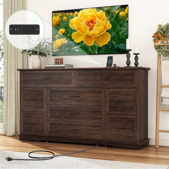 ChVans 9 Drawer Dresser with Power Outlets, 63" Wooden Dresser for Bedroom, Tall Rustic Farmhouse TV Stand with Storage for Bedroom Hallway