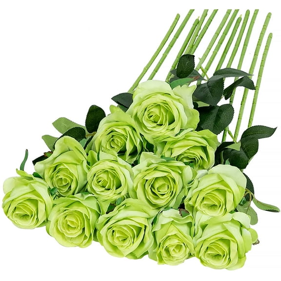 Artificial Silk Flowers Realistic Roses Bouquet Long Stem for Home Wedding Decoration Party (Green)