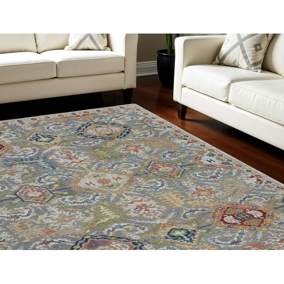 5' X 8' Blue Gray and Green Floral Distressed Non Skid Area Rug