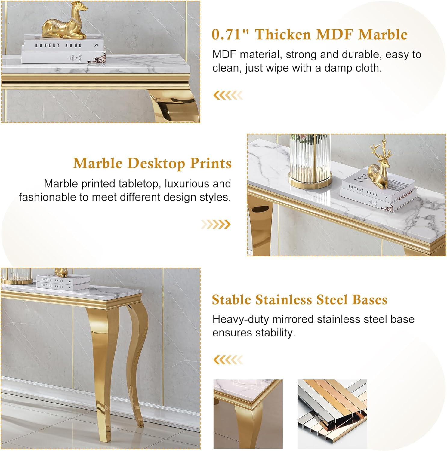 47" Modern Faux Marble Console Table, Rectangular Top & S-Shaped Stainless Steel Base, Narrow Entryway Table for Entrance, Hallway, Foyer, or Living Room