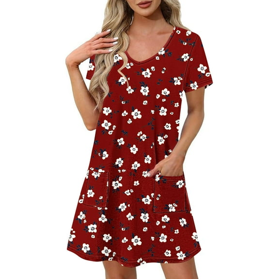 GaThRRgYP Casual Floral Print Short Sleeve Dress,Women's Fashion Summer Print Short-sleeved V-neck Casual Dress Wine S