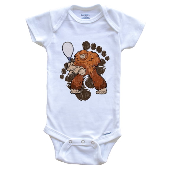 Bigfoot Tennis Baby Bodysuit - Sasquatch Playing Tennis Baby Bodysuit, 0-3 months white