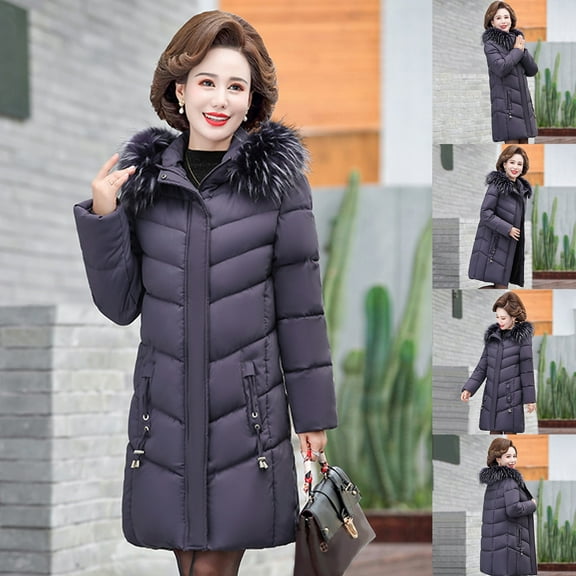 Qetyuw Winter Long Puffer Coat for Women Plus Size Faux Fur Hood Down Coat Warm Long Sleeve Zip Up Jacket