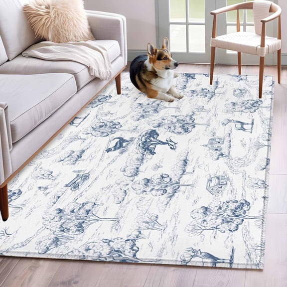 3'x5' Area Rugs, Blue Country Indoor Outdoor Area Rug for Living Room Bedroom, Abstract Farmhouse Rustic Tree Animals Washable Bathroom Rugs Kitchen Floor Carpet Mats Home Decor Aesthetic