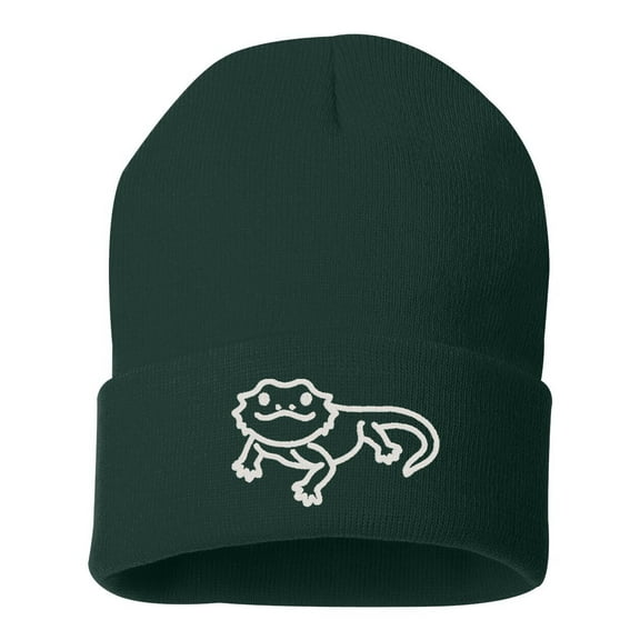 Bearded Dragon Cute Cuffed Embroidered Beanie Hat by STICKER DAD (Color: Forest w/White Thread)