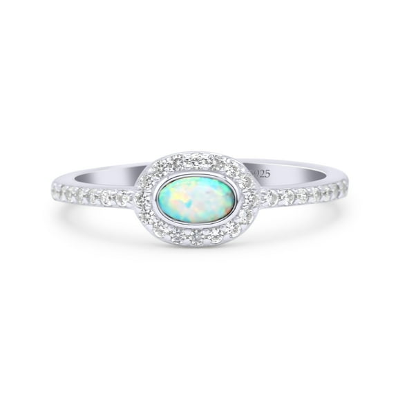 Halo Oval Petite Dainty Ring Lab Created Opal Ring 925 Sterling Silver Size 5