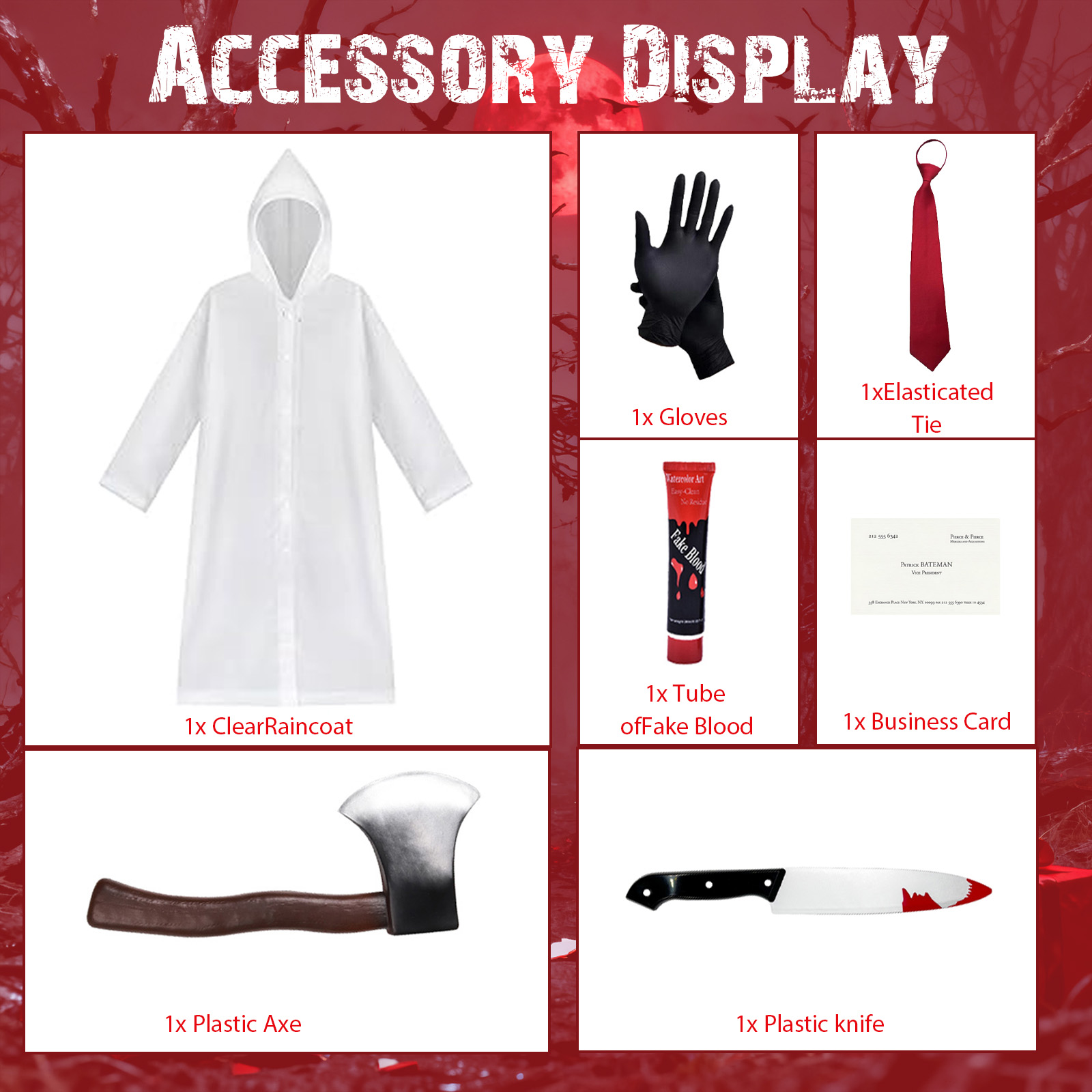 Costume Psycho Halloween Pour Homme - Imperméable Transparent, Fausse Hache, Faux Sang, Lunettes, Cravate Rouge