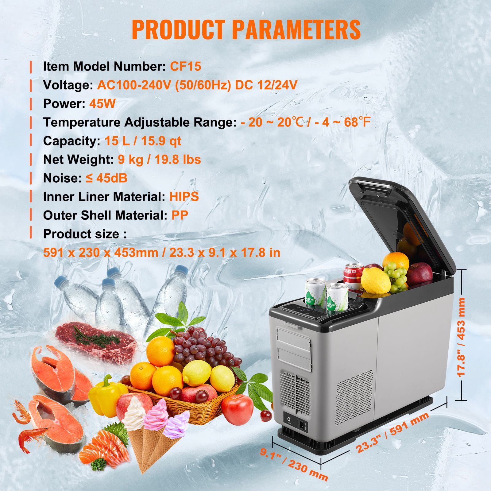 Car Refrigerator, 12 Volt Car Armrest Refrigerator Fridge, 15 L Single Zone Portable Freezer, -4-68 F Adjustable Range, 12/24V DC and 100-240V AC Compressor Cooler for Outdoor, Camping