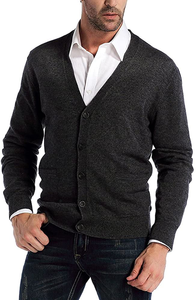 Kallspin Men’s Cashmere Wool Blended Cardigan Sweater Relax Fit V-Neck Knitted Sweaters with Buttons & Pockets 
