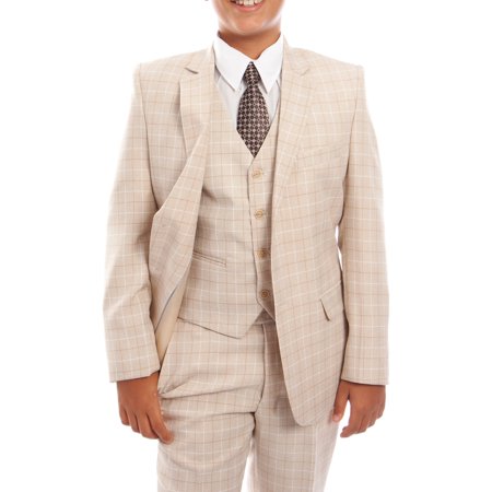 Kids Taupe Apparel - Boys Suit 3-Piece Checkered Suit WIth Free Matching Shirt & Tie Size 2-20-BLOWOUT SALE