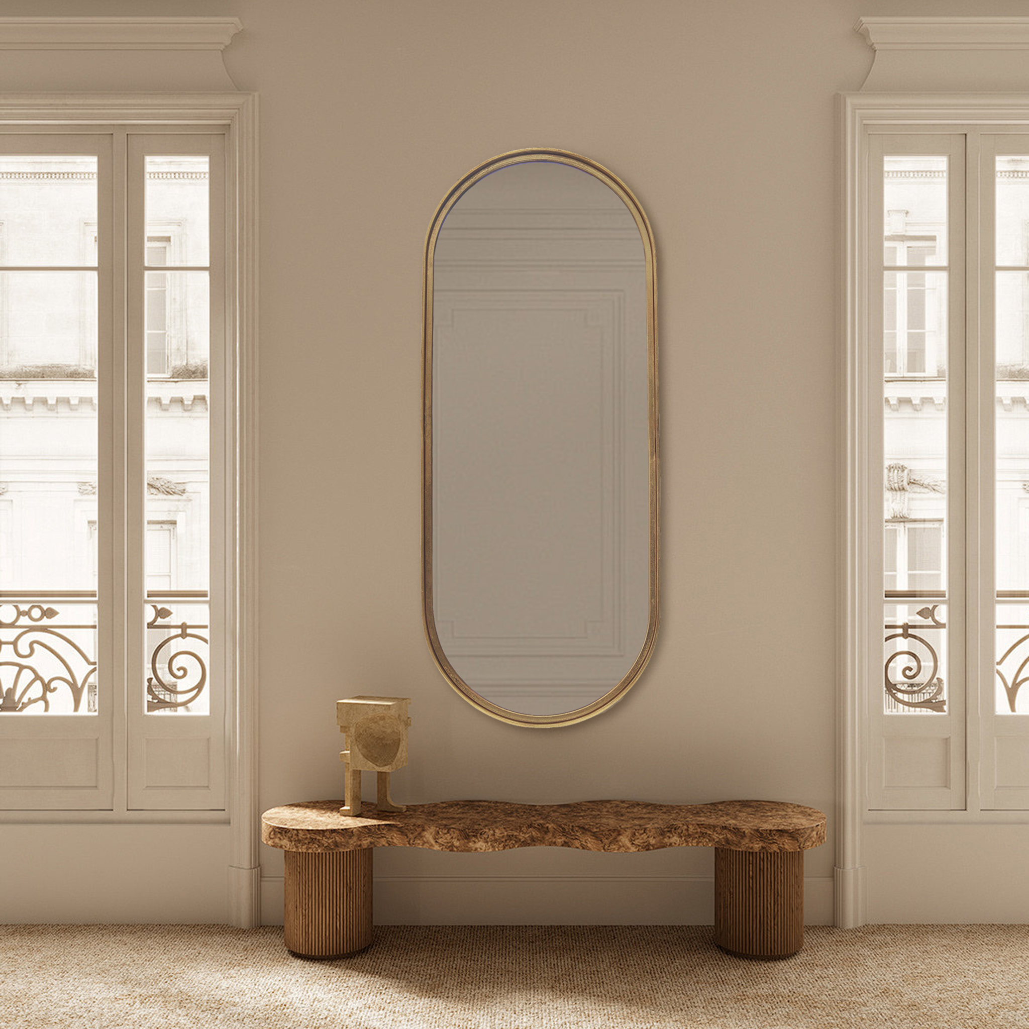 Parisloft Oval Capsule Wall Mirror With Gold Metal Frame, Antique Gold Oblong Full Length Wall Mirror for Bedroom, Bathroom, Living Room, 17.75 x 43.125 Inches