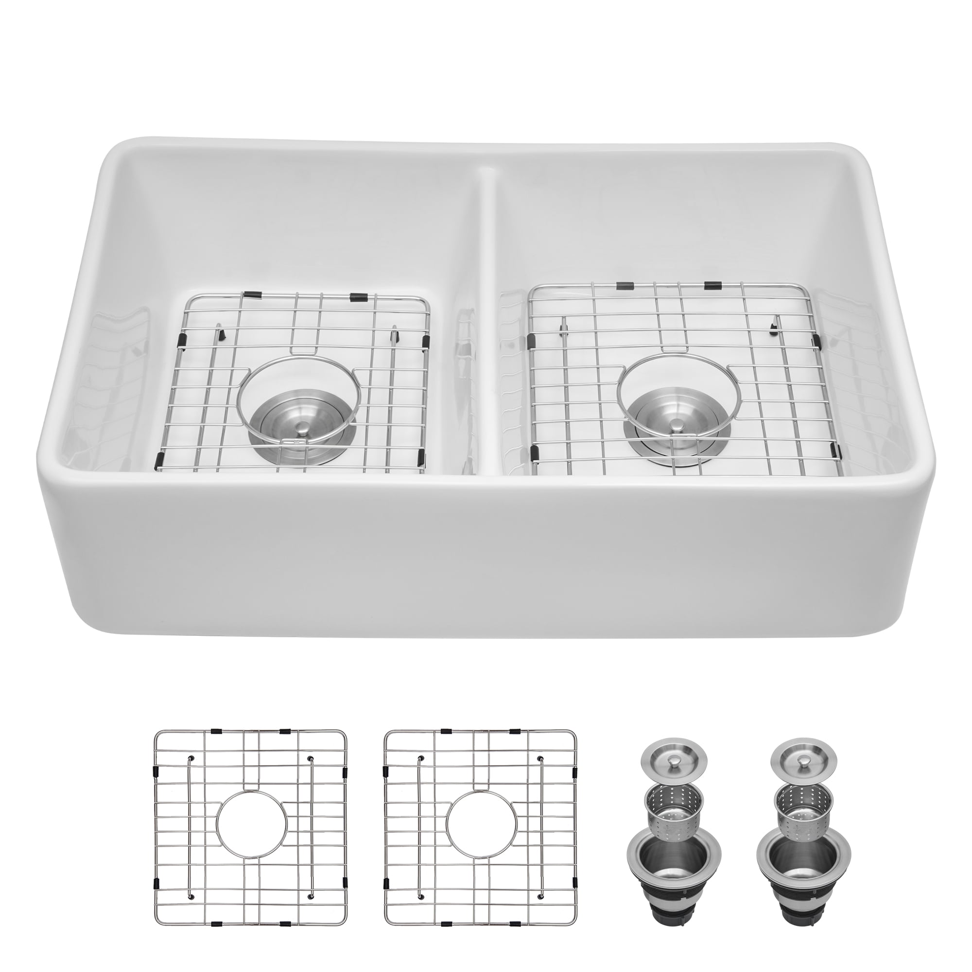 White Farmhouse Sink - 32 inches Ceramic Fireclay Double Bowl Farm Apron Front Kitchen Sink