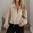 thumbnail image 5 of WTOBBY Women's Fashion Solid Color Baseball Jacket with Long Sleeve, High Neck, Drawstring Hem, and Pockets,Khaki S, 5 of 7