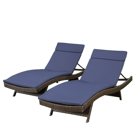 GDF Studio Olivia Outdoor Wicker Armless Adjustable Chaise Lounge with Cushion, Multibrown and Navy Blue