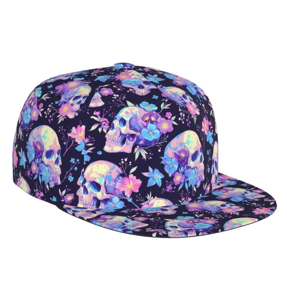 Flat Bill Trucker Hats for Women Men - cool flower Skull Adjustable Flat Baseball Cap Snapback Hats Dad Hats for Men