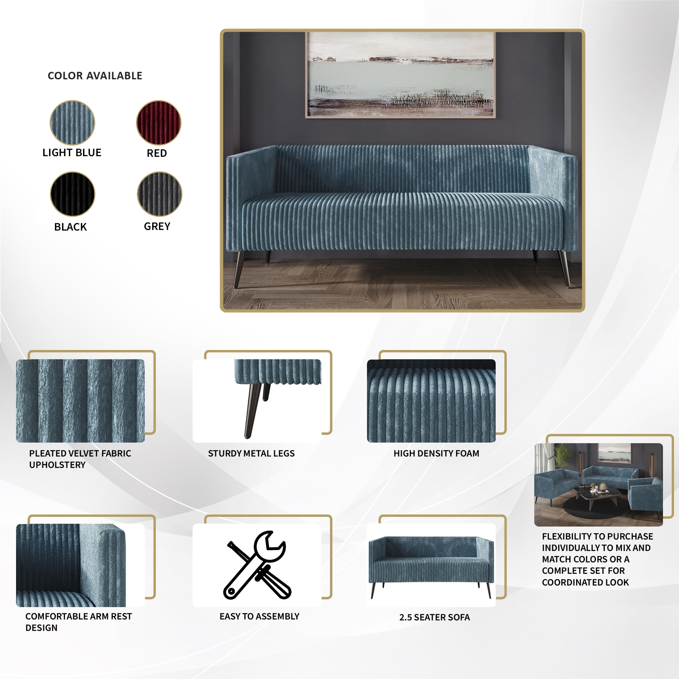 Castle Place Luxurious Corduroy Velvet Upholstered Sofa, Grey