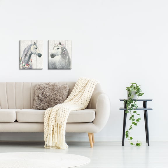 Gango Home Decor Shabby-Chic Spirit Stallion I & II on Wood Crop; Two 11x14in Hand-Stretched Canvases