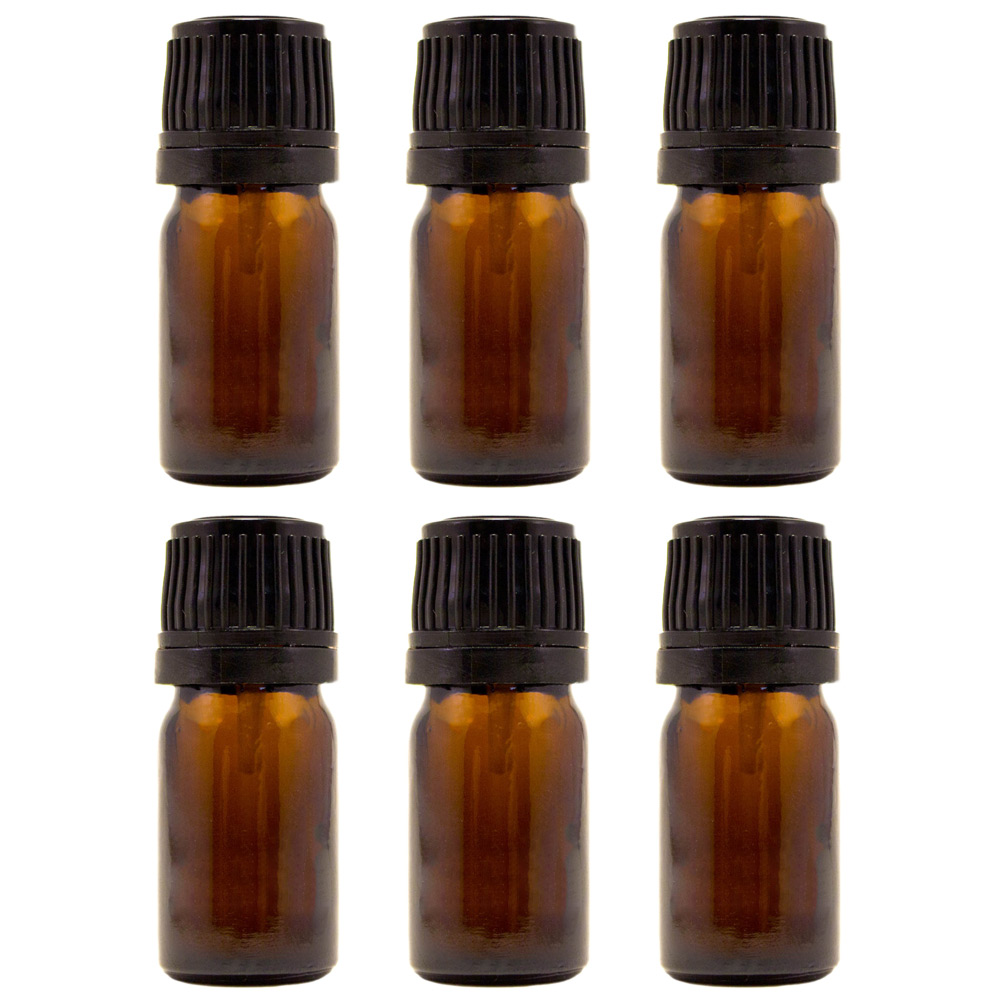 Amber Glass Bottle - 5 ml (1/6 fl oz) w/ Euro Dropper & Tamper-Evident Cap - Pack of 6
