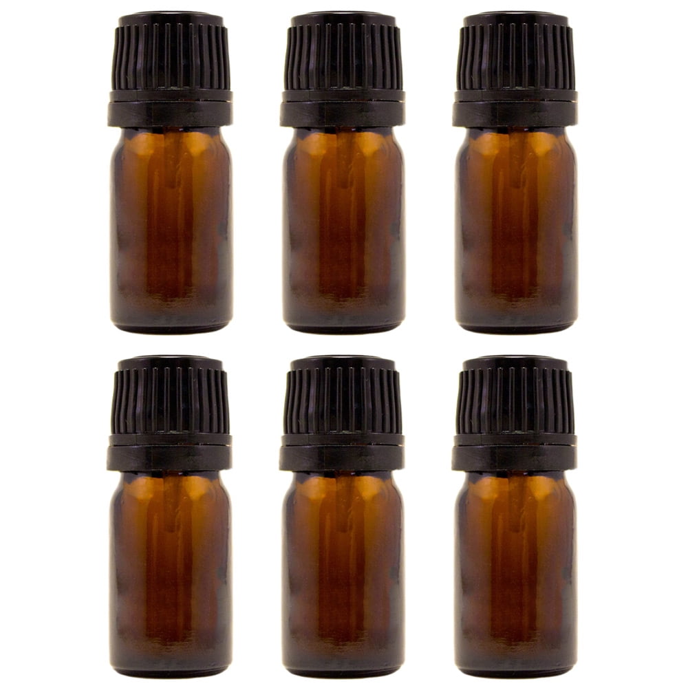Amber Glass Bottle - 5 ml (1/6 fl oz) w/ Euro Dropper & Tamper-Evident Cap - Pack of 6