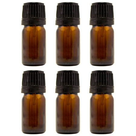 Amber Glass Bottle - 5 ml (1/6 fl oz) w/ Euro Dropper & Tamper-Evident Cap - Pack of 6